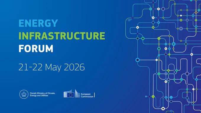 Energy infrastructure forum, 21-22 May 2026. Dark blue visual identity with links and connecting dots on the right, in white, turquoise, purple and green. 