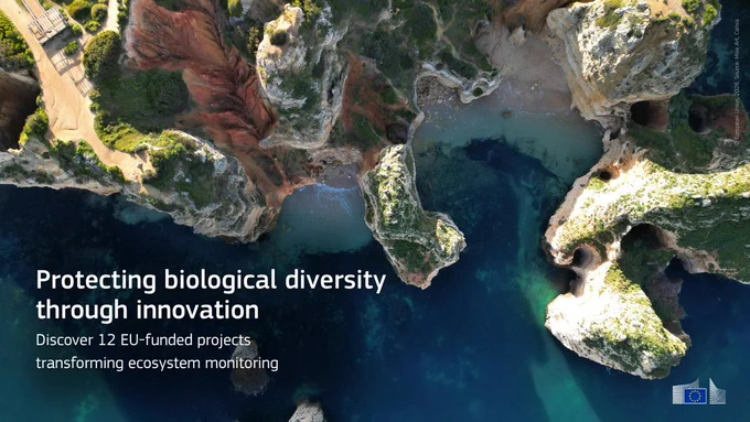 Aerial photo of coastal riffs with text: Protecting biological diversity through innovation - Discover 12 EU-funded projects transforming ecosystem monitoring