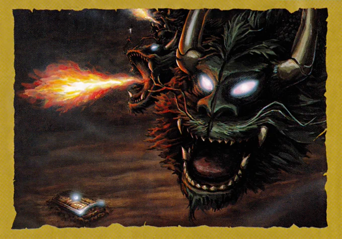 Super Hydlide clean artwork  used on the back cover of the Sega Genesis release. It was also used on the front cover of the Japanese Sega Mega Drive and Sharp X68000 releases. Image depicts three dragon heads with glowing white eyes, in which two of them are spewing a fire breath. The rightmost one is just standing with its mouth open. On the bottom left side a treasure chest can be seen buried on the ground with light shining in the middle and edges.