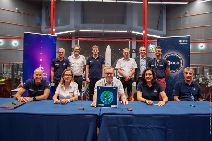 Posing for a photo after the Hyguane signature ceremony in the Jupiter Room at Europe’s Spaceport in French Guiana, 12 February 2026 to construct a 4.5 MWp solar power plant called ‘PV3’.

Front row, from left: MT Aerospace French Guiana Managing Director Michael Gärtner, RMT French Guiana Managing Director Nathalie Gouin, ESA’s former Director of Space Transportation Toni Tolker-Nielsen, CNES’s Director of Space Transportation Carine Leveau, CNES’s Director of Europe’s Spaceport in French Guiana Philippe Lier.