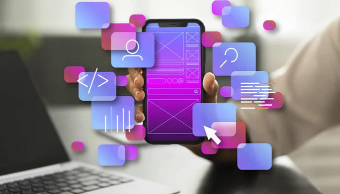 Person holding a smartphone displaying a mobile app interface with floating icons representing coding, user profiles, search, and data analytics.