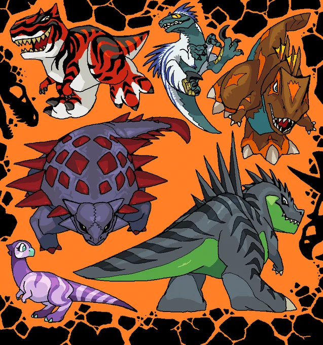 Colored drawing of 6 vivosaurs from Fossil Fighters on an orange background. They are bordered by a silhouette of broken rocks and the occasional skull. 

The vivosaurs drawn are: S-raptor, V-raptor, Venator, Goyle, Spinax, and Nasaur. 