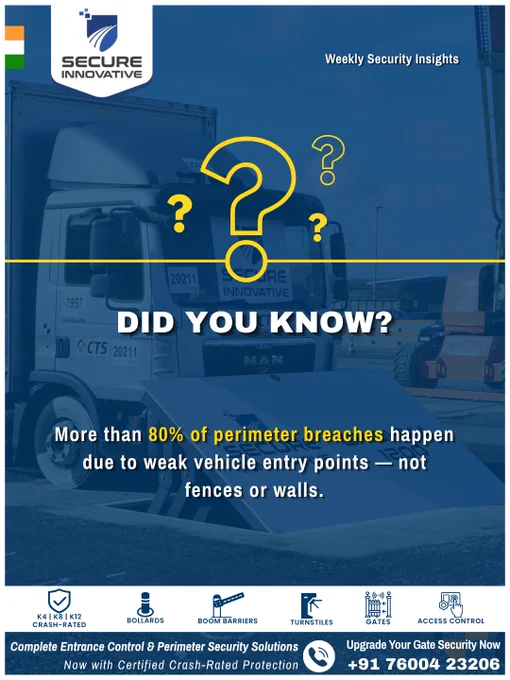 Did You Know? 🚧

More than 80% of perimeter breaches occur through vulnerable vehicle entry points — not fences or walls.

💡 Why does it matter?
Every second at your gate impacts security, operational efficiency, and access control.

At Secure Innovative, our high-security road blockers are engineered to protect critical entrances against unauthorized vehicle intrusion.

👉 Upgrade your perimeter security today
📞  91 76004 23206
✉️ [info@secure-india.com](mailto:info@secure-india.com)

🔗 https://secure-india.com/road-blockers.html

🎥 Watch it in action:
https://www.youtube.com/watch?v=3ENH1JED6OI

#DidYouKnow #RoadBlocker #PerimeterSecurity #AccessControl #CrashRated #SecureInnovative #SecuritySystems #InfrastructureProtection
