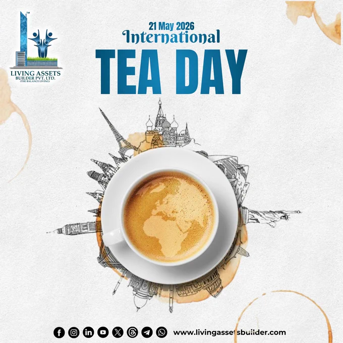 Living Assets Builder Pvt. Ltd. International Tea Day 2026 social media post. Shows a top-view cup of tea with a world map design, surrounded by illustrated world landmarks. Text reads: 21 May 2026, International Tea Day.