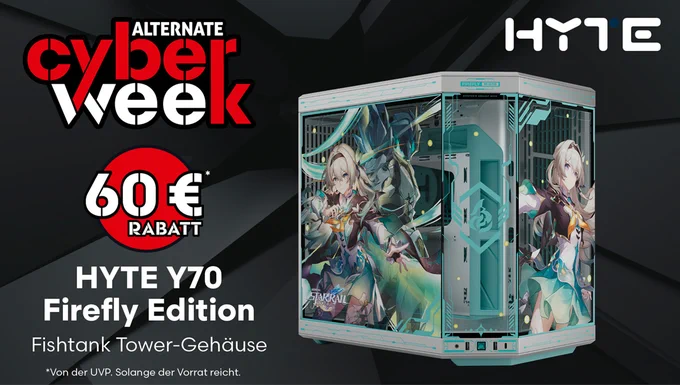 Werbegrafik für das HYTE Y70 Firefly Edition Tower-Gehäuse mit Anime-Design und Hinweis auf 60 Euro Rabatt während der Cyber Week.