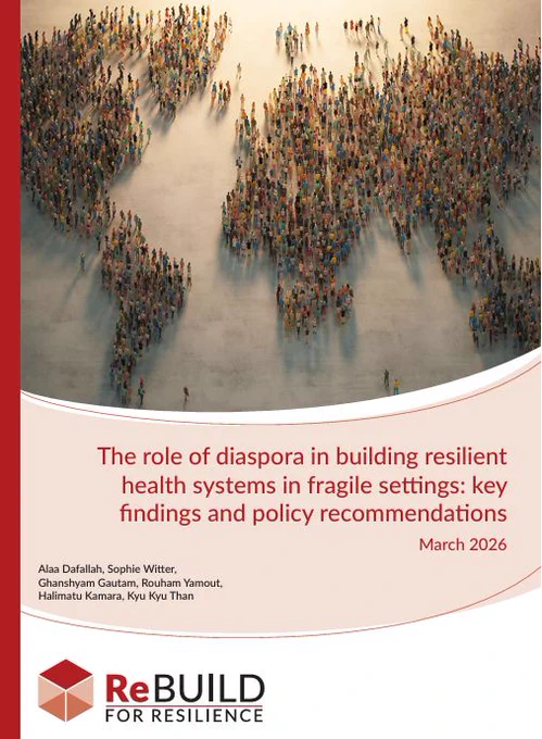 The cover of the brief showing the title - The role of diaspora in building resilient health systems in fragile settings: key findings and policy recommendations - and a map of the world made up of people