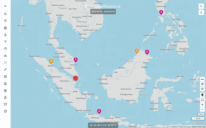 Screenshot from the Risk Intelligence System showing over twenty boardings in the oil and gas sector in South East Asia over the past twelve months.