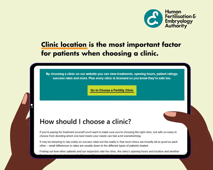 Hands holding a tablet screen displaying a webpage titled "How should I choose a clinic?" from the Human Fertilisation & Embryology Authority. Text highlights clinic location as the most important factor for patients.