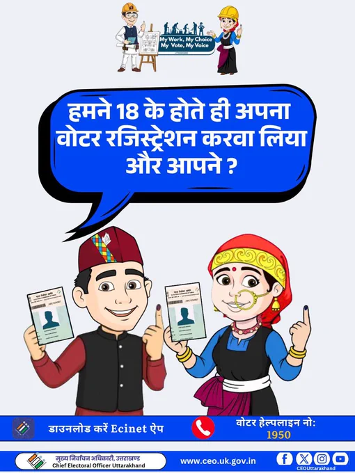18 के होते ही हमने अपना वोटर रजिस्ट्रेशन करवा लिया,
अब आपकी बारी है लोकतंत्र को मजबूत बनाने की।

Ecinet ऐप डाउनलोड करें और भरें फॉर्म 6।

#MyVoteMyVoice #VoterRegistration
#ECI
#Form6