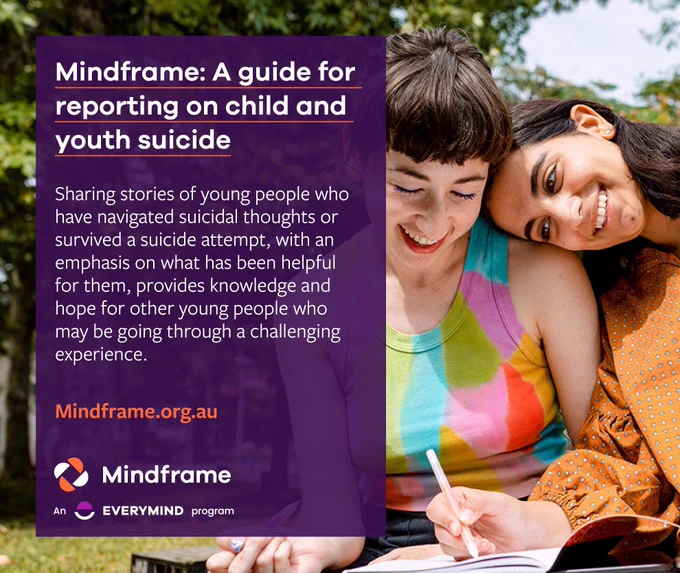 Social media tile.
Background image: Two school-aged girls smiling as they work on some school work in a playground or park area.
Text reads: Mindframe - A guide for reporting on child and youth suicide.
Sharing stories of young people who have navigated suicidal thoughts or survived a suicide attempt, with an emphasis on what has been helpful for them, provides knowledge and hope for other young people who may be going through a challenging experience.