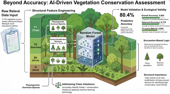 Graphical abstract: We developed a Random Forest model to assess vegetation conservation classes (VCCs) using 5779 national survey datasets in South Korea. The model not only achieved high classification accuracy (80.4%) but also demonstrated ecological validity by correctly identifying the successional trajectories and phytosociological species composition of Pinus and Quercus communities.