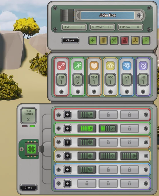 Retro-tech character panel UI from EXITRUN showing a stylized character portrait, colored stat bars, equipment slots, traits, health and survival indicators, and upgrade modules arranged like a chunky handheld machine.
