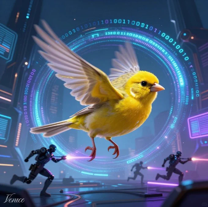 AI generated image by Venice AI

Yellow canary flying through laser gun shots fired by robots, with a ring of digitized shielded protection.