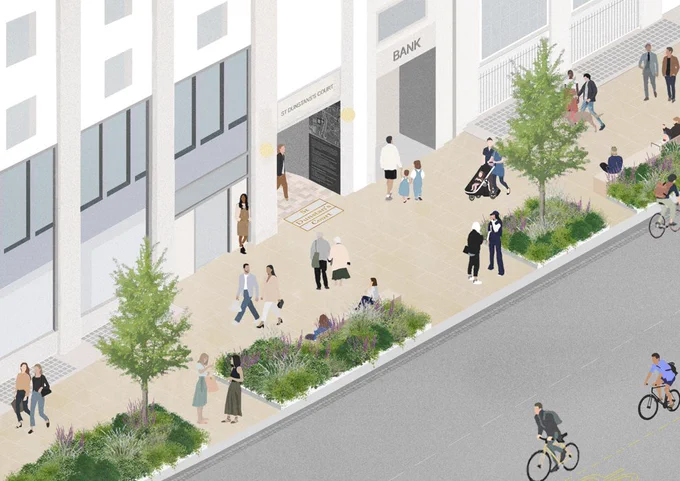 Artist impression of wide paving trees and planted areas