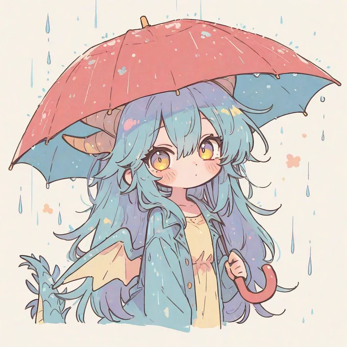 PixAI【Shiitake-Mix】chibi, dragon girl, blue dragon, solo, masterpiece, red umbrella, rain, looking at viewer, Yuzukastyle, pastel colors, high-res, doodle style, loose sketch lines, flat pastel colors, hand-drawn look, cute chibi illustration, pop illustration, minimal shading, bright background, playful tone