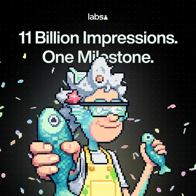 A pixelated character in glasses and an apron joyfully holds two blue fish, surrounded by colorful confetti.