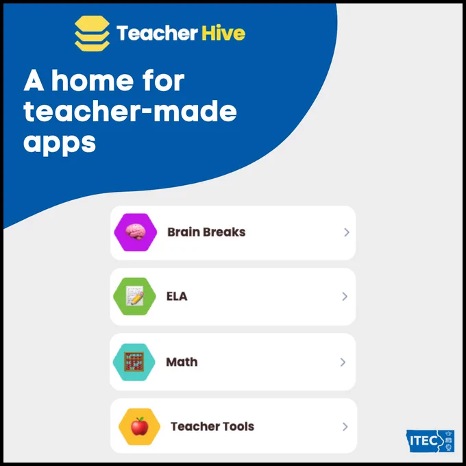Digital ad for Teacher Hive featuring icons and titles for teacher-made apps such as Brain Breaks, ELA, Math, and Teacher Tools.

