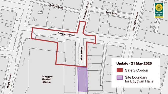 Map showing the cordon marked in red around Union Street and Gordon Street.