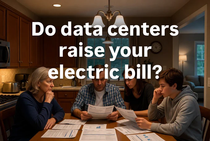AI-generated image using the following prompt - realistic photo, a family around a suburban kitchen table with bills, title text "Do data centers raise your electric bill?"
