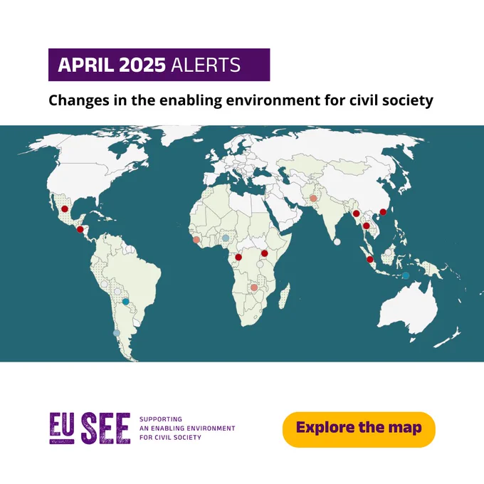 Overview of Alerts April 2026. EU SEE project. Changes in the enabling environment for civil society. Explore the map.