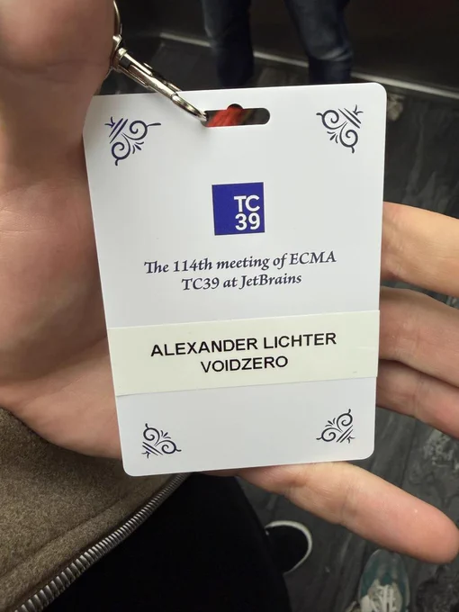 Badge of the 114th TC39 meeting (hosted at JetBrains) with my name   VoidZero as company on it.