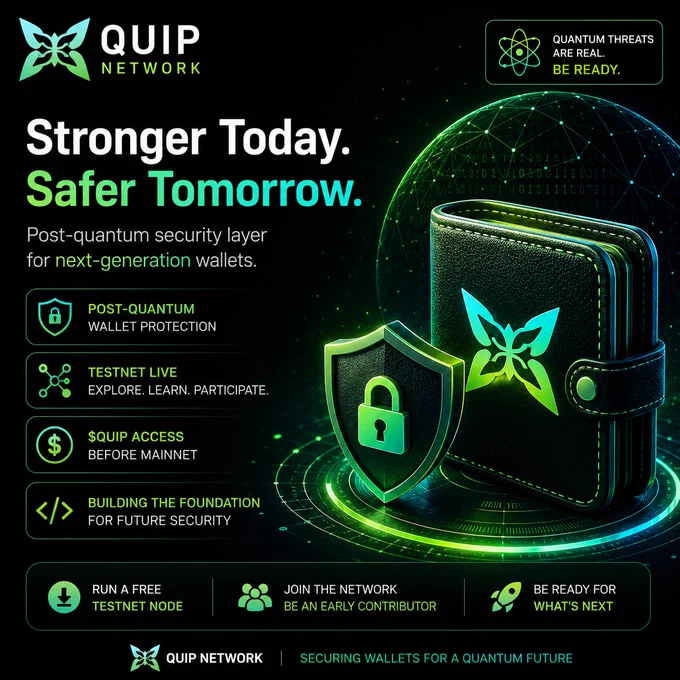 Most people notice security infrastructure only when risk becomes impossible to ignore.

Smart builders prepare early because future threats need strong foundations before they reach users.

@quipnetwork feels like one of those quiet layers built for next-generation wallet safety.

It focuses on post-quantum wallet protection, helping existing wallets prepare for a changing security landscape.

As quantum computing grows, today’s wallet models may need a stronger defense layer.

That is why testnet learning matters while the topic is still early and less crowded.

Users can explore @quipnetwork through a free testnet node and real network participation.

They can also access $QUIP before mainnet while learning how the network works from inside.

This gives early users a chance to test, understand, and position before wallet security becomes louder.

Learn the network early.
Test the infrastructure now.
Stay ready before the next security narrative becomes obvious.