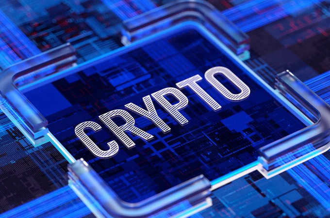 Close-up of a digital circuit board with the word 'CRYPTO' prominently displayed in white letters on a blue background.