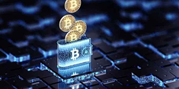 Digital wallet glowing on a circuit board with multiple Bitcoin coins floating above it.