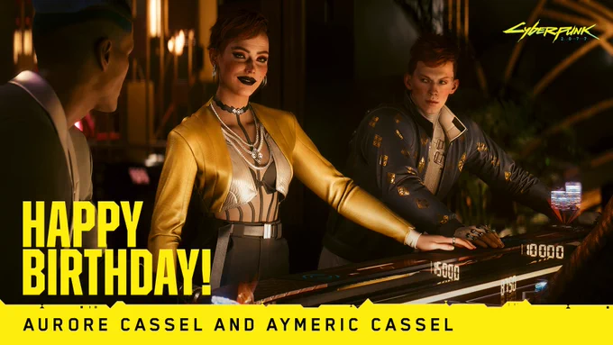 Screenshot from Cyberpunk 2077: Phantom Liberty shows Aurore and Aymeric Cassel at the roulette table in the Black Sapphire casino. Aurore smiles towards the viewer while Aymeric side-eyes her. Cyberpunk 2077 logo is printed in the top right corner while the twins’ names are printed along the bottom. Yellow text reads: “Happy Birthday”.