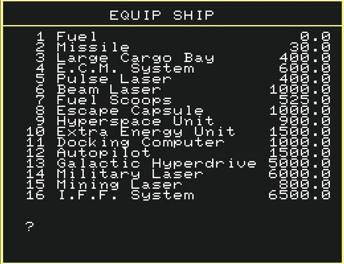 Elite 128 v 2.0 (unofficial, Ullrich von Bassewitz, 2020) for Commodore 128 computer  - ship equipment page, including an I.F.F. (Identification Friend or Foe) system for 6500 credits. This is one of the new items in this version of the game.