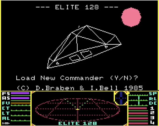 Elite 128 v 2.0 (unofficial, Ullrich von Bassewitz, 2020) for Commodore 128 computer - opening screen, featuring a spinning Cobra Mark 3 spacecraft.
