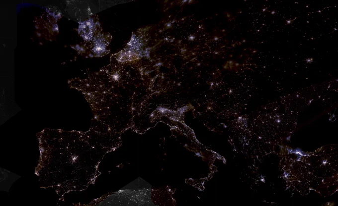 Mosaic of Europe at night in colour created from over 7000 pictures taken by astronauts on the International Space Station in 2017.