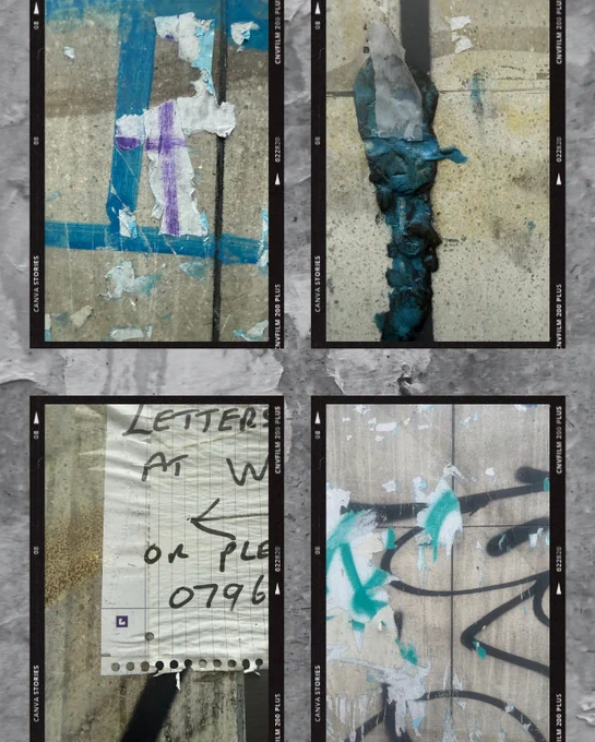 A collage of urban details showing torn posters, text, and damaged surfaces. The mood is gritty and artistic.