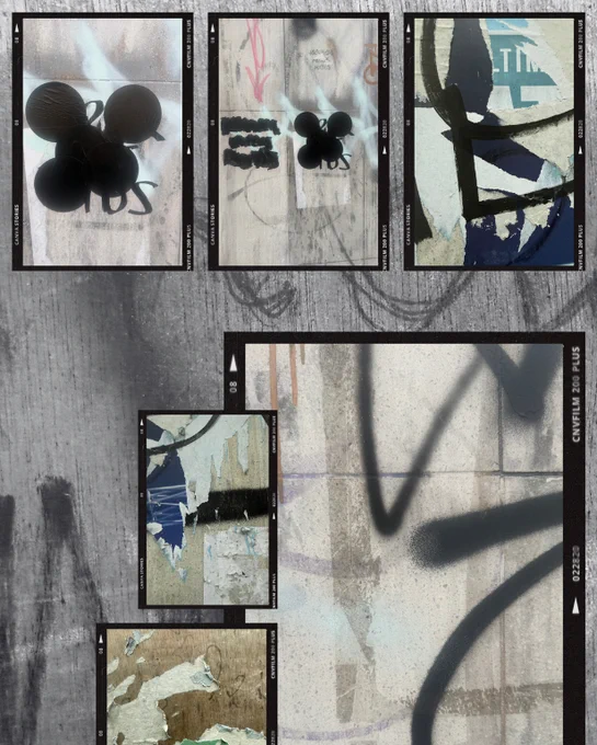 A collage of urban street art and graffiti featuring abstract shapes and painted textures. The images include a mix of stenciled and freehand elements with varying colors against a backdrop of worn surfaces, creating a gritty urban aesthetic.