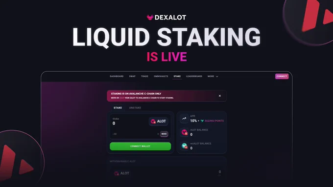 Dashboard interface for Dexalot's liquid staking feature, showcasing staking options, balances, and connection prompts.