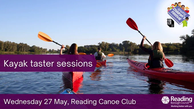 People kayaking on a river during a taster session event, advertised for Reading Children's Festival.