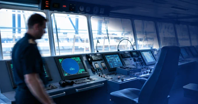Ship bridge navigation systems with radar and digital displays. Source AI-generated
