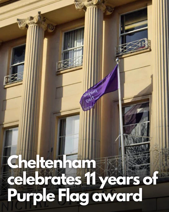 Purple flag flying outside the Municipal Office.
Text reads: Cheltenham celebrates 11 years of Purple Flag award 