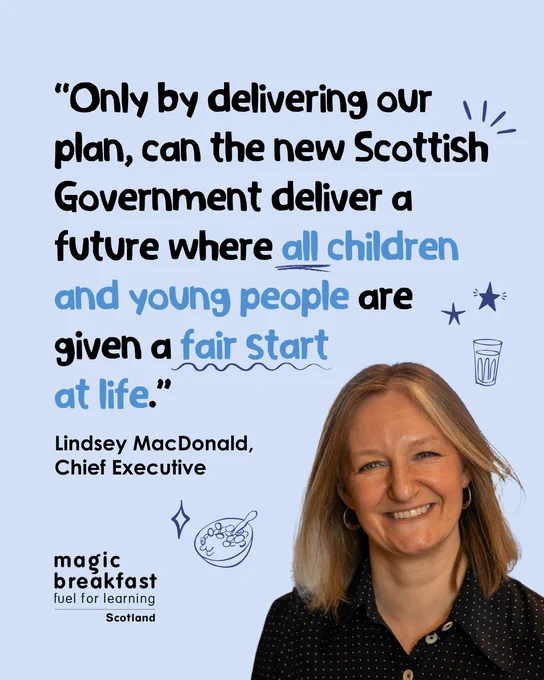 A light blue background with a photo of Lindsey MacDonald, Chief Executive of Magic Breakfast, smiling in the bottom right corner. Above is a quote from Lindsey: "Only by delivering our plan can the new Scottish Government deliver a future where all children and young people are given a fair start at life." The words 'all' and 'fair start' are underlined. The Magic Breakfast Scotland logo is in the bottom left corner. Doodles of stars, a bowl of cereal, and a glass of milk feature.