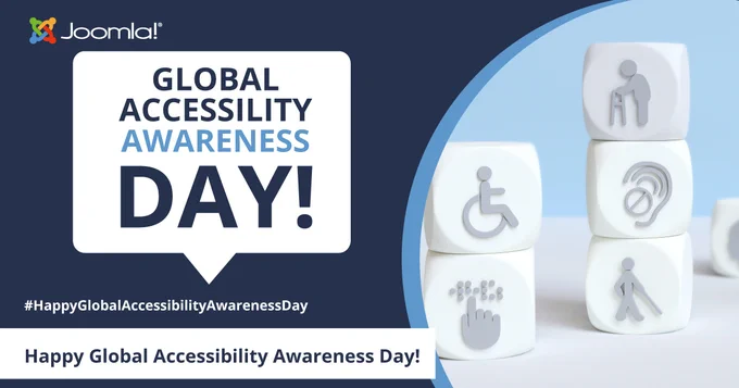 Joomla! graphic promoting Global Accessibility Awareness Day with icons representing disability and accessibility on white blocks.