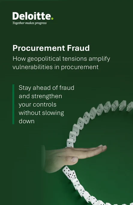 Deloitte presents: \"Procurement Fraud: How geopolitical tensions amplify vulnerabilities in procurement.\" Hand stopping dominoes. Text: \"Stay ahead of fraud and strengthen your controls without slowing down.\"