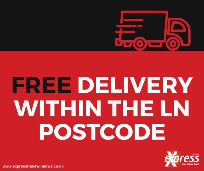 Bold promotional graphic offering free delivery service within the LN postcode area. Features a simple truck icon and strong color contrast for emphasis.