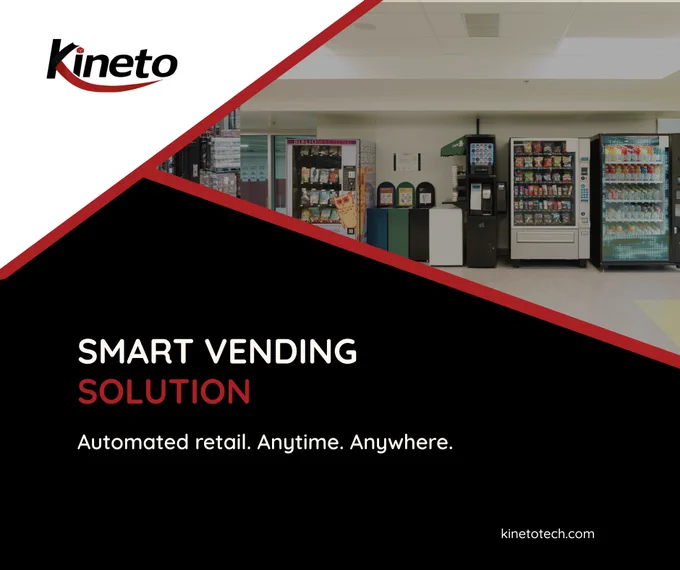 A row of vending machines stocked with snacks and beverages in a commercial space, with the Kineto logo and the headline "Smart Vending Solution: Automated retail. Anytime. Anywhere." overlaid on a black and red branded background.