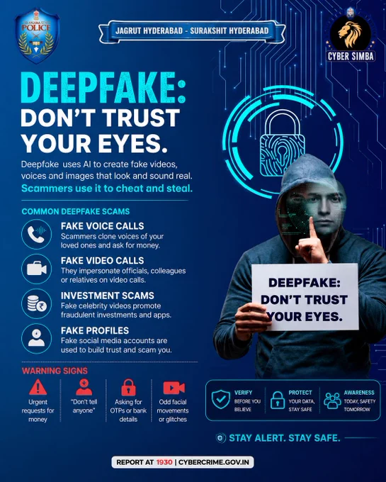⚠️ Deepfake scams are becoming more dangerous every day. Fake voice calls, video calls, and AI-generated profiles can look and sound real. Don’t trust blindly — verify before you believe or send money. Stay alert, protect your personal information, and report cyber fraud immediately.

📞 Report Cyber Crime: 1930
🌐 cybercrime.gov.in

#Deepfake #CyberSafety #StayAlert #CyberAwareness #StopCyberFraud #ThinkBeforeYouTrust #CyberSimba #HyderabadPolice