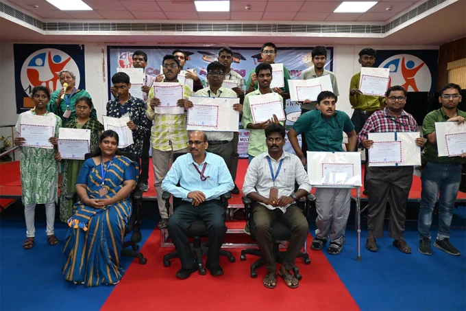 The Students (Persons with Multiple Disabilities) awarded 'DOAAT - Diploma in Office Automation and Assistive Technology' Course Completion Certificates' for the year 2026 from Dr. K. Balabaskar, HoD, Dept. of AIL, along with faculties at NIEPMD (D), Chennai, on 20th May 2026.