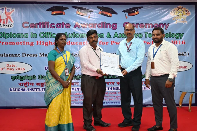 Dr. K. Balabaskar, HoD, Dept. of AIL, NIEPMD (D) distributed DOAAT (Diploma in Office Automation and Assistive Technology) course completion certificates to the students (Persons with Multiple Disabilities) along with faculties on the occasion of 'Certificate Distribution Ceremony' at NIEPMD (D), Chennai, on 20th May 2026.