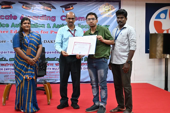 The students (Persons with MD) received DOAAT course completion certificates for the year 2026 from Dr. K. Balabaskar, HoD, Dept. of AIL, along with faculties at NIEPMD (D), Chennai, on 20th May 2026.
