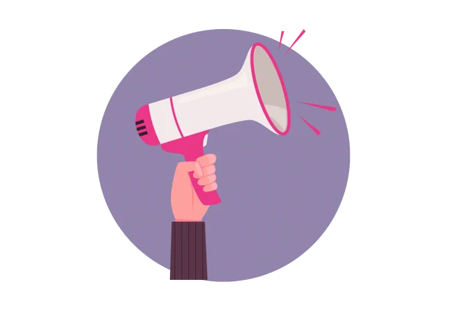 Image of a hand holding up a white and pink megaphone, in a purple circle