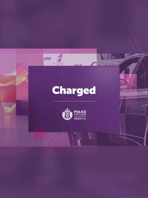 Purple Police Scotland graphic displaying the words ‘Charged’, with abstract layered shapes in the background and the Police Scotland logo.