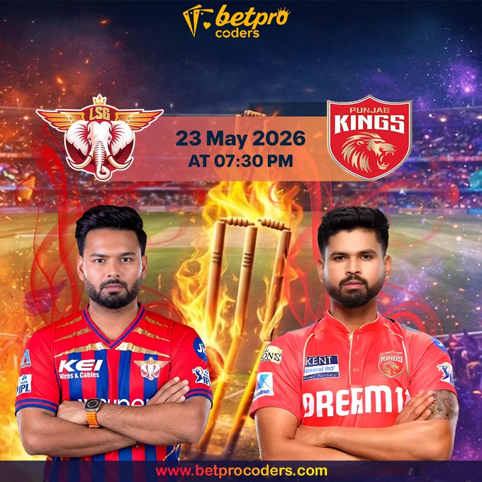 IPL 2026 knockout-style match graphic of Punjab Kings vs Lucknow Super Giants scheduled at 7:30 PM with cricket stumps, stadium lights and Betprocoders sports API branding.